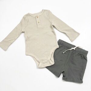 Little Co by Lauren Conrad long sleeve waffle bodysuit + gray shorts baby outfit